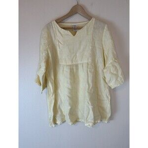 Match Point L Tunic Top Blouse Yellow 100% Linen Lagenlook Peasant Prairie Boho